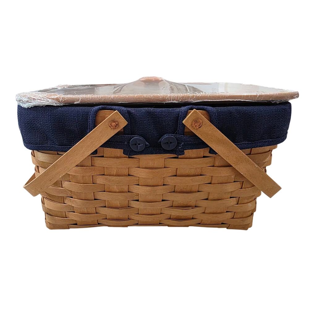 Vintage Longaberger Medium Market Basket with Blue Liner 3 Inserts and Wood Lid